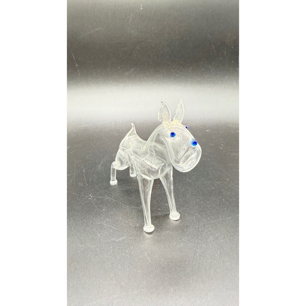 Vintage Hand Blown Glass Schnauzer Dog Figurine Clear with Blue Eyes Nose